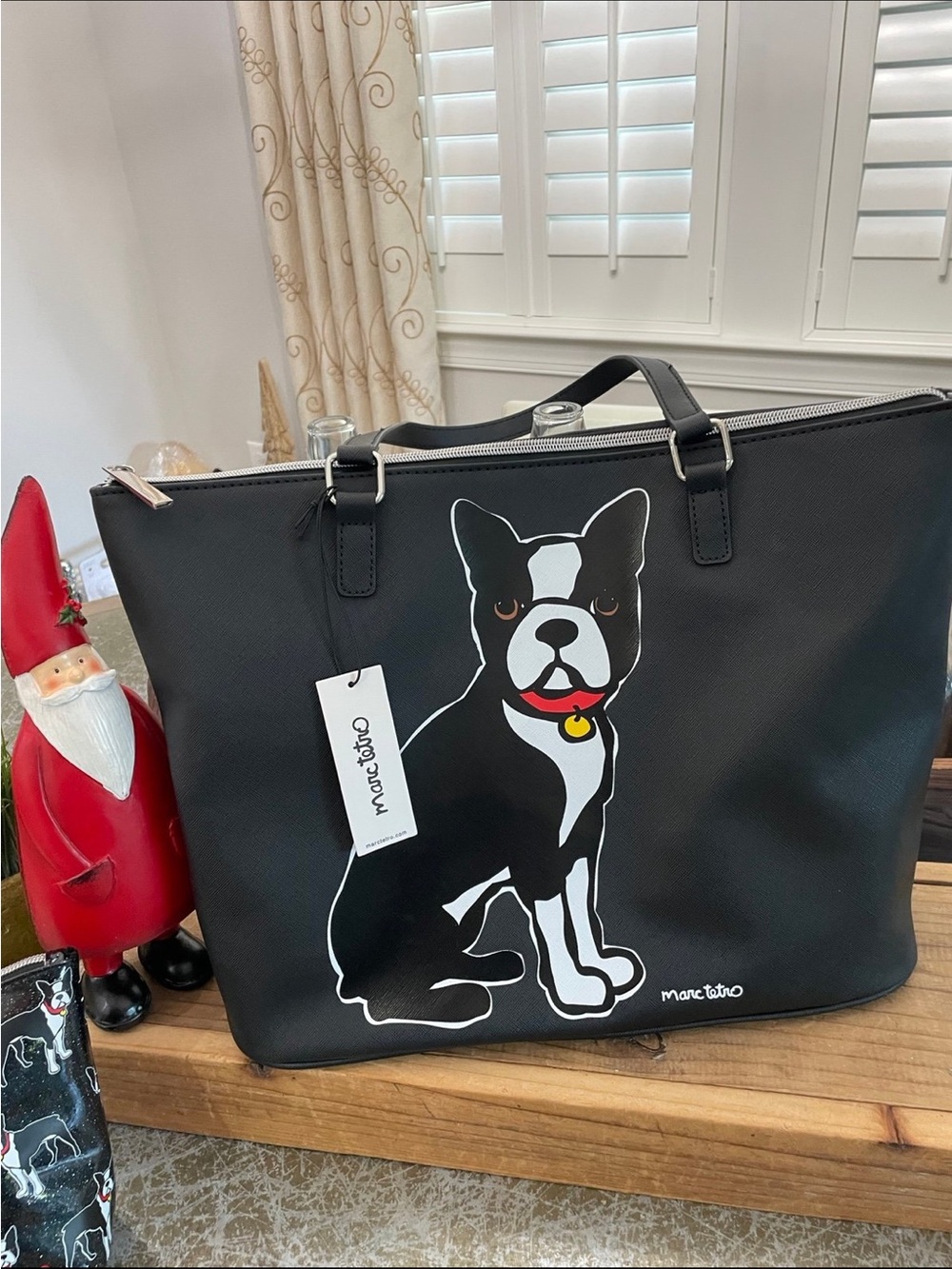 NWT MARC TETRO BLACK LARGE FRENCHIE BULLDOG  FAUX LEATHER TOTE